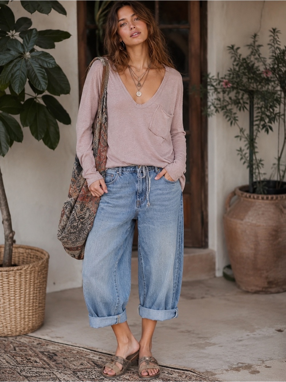 We The Free Betty Long Sleeve Tee Misty Pink Slouchy Pocket Boho Soft Small Boho
